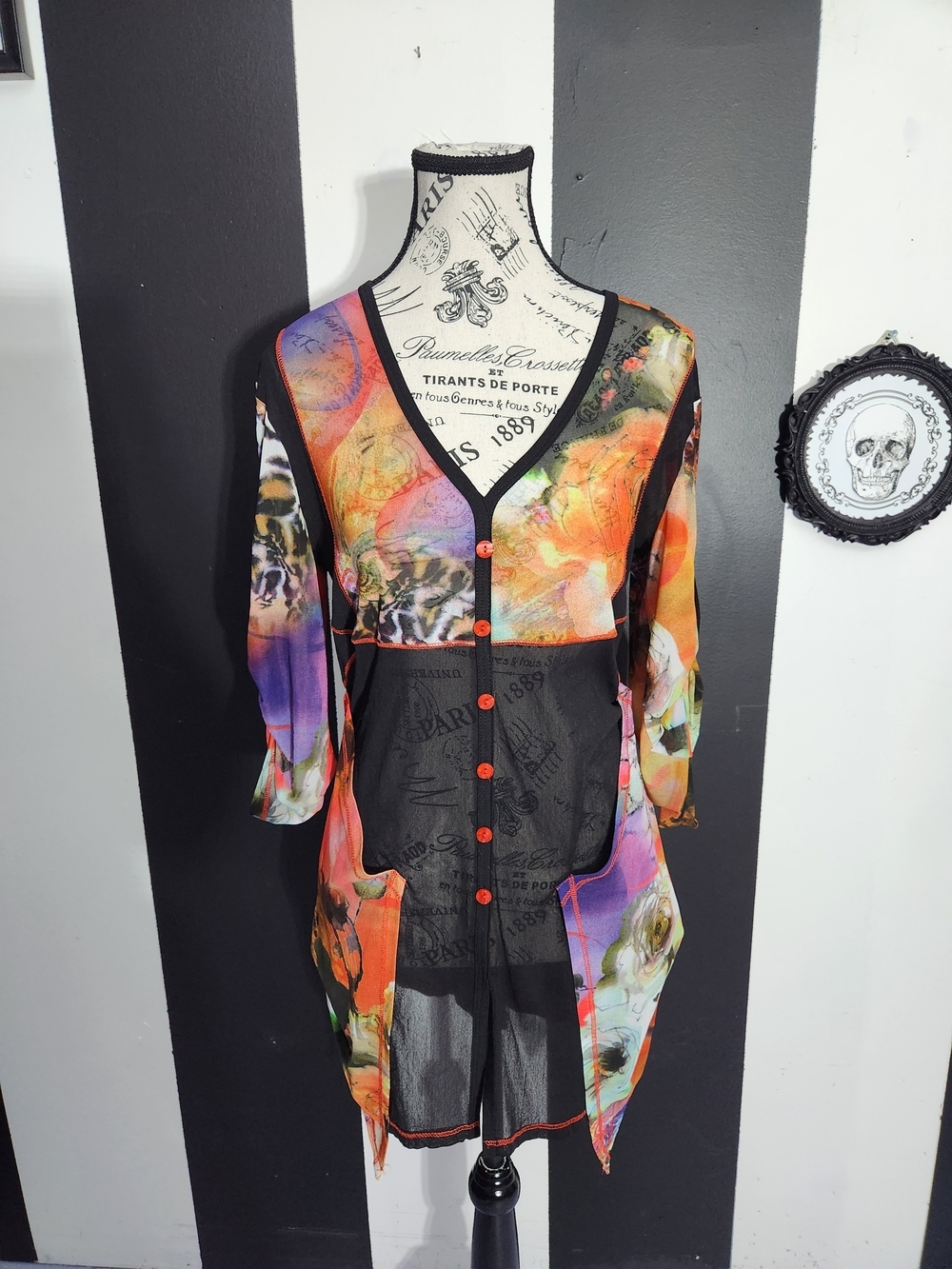 Joseph Ribkoff Sheer Floral Button-Down Tunic in Orange, Purple & Black